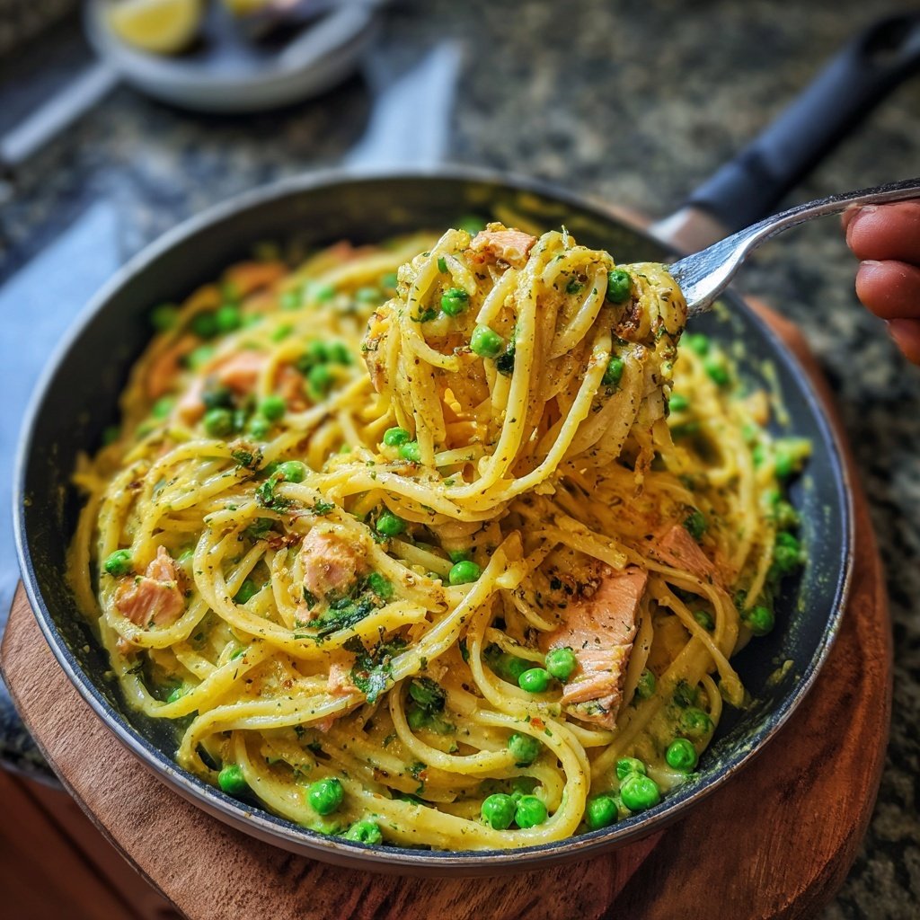 Curried Salmon Pasta with Peas