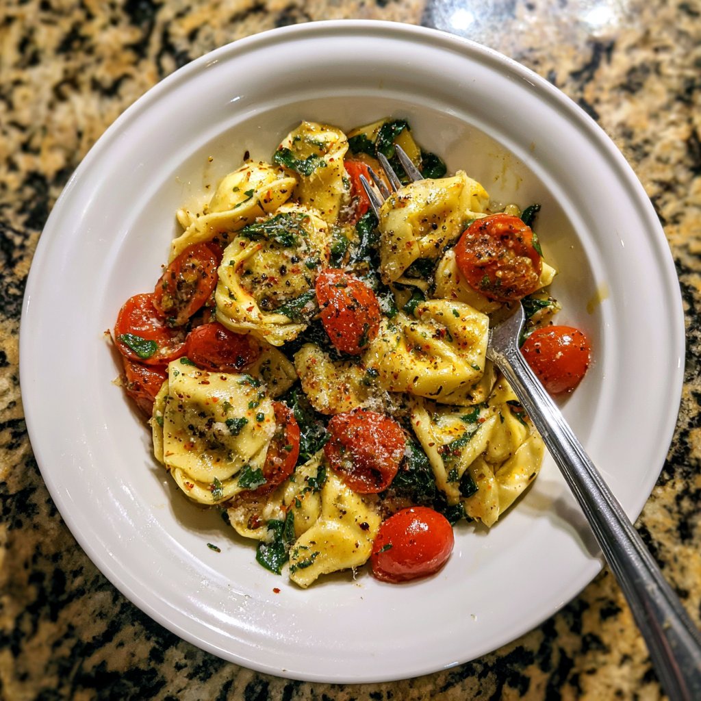 Garlic Steak Tortellini with Spinach and Cherry Tomatoes